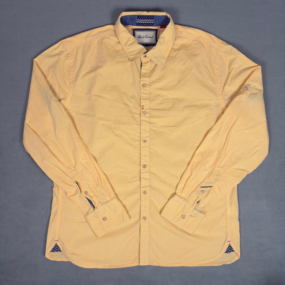 Robert Graham Mens Tailored Fit Yellow Button Down Shirt Polka Dot Trim L